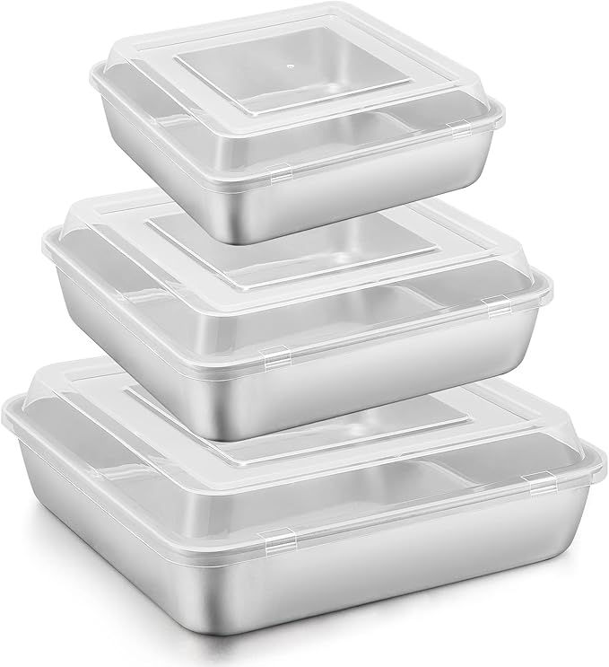E-far 6/8/9-Inch Square Cake Pan with lid Set, Square Baking Brownie Pans Stainless Steel Bakeware Set of 3, Non-toxic & Healthy, Easy Clean & Dishwasher Safe - 6 Pieces(3 Pans + 3 Covers)
