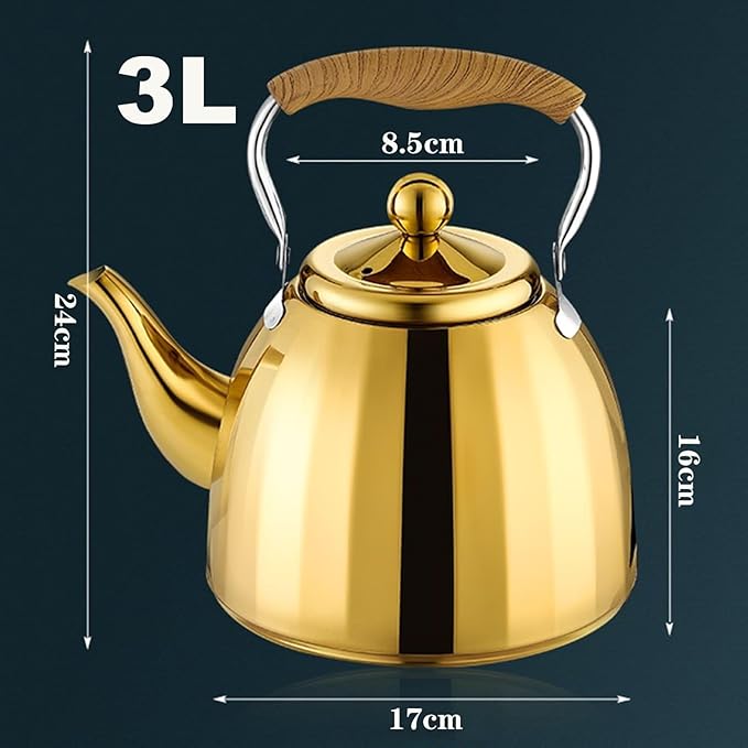Gold Tea Kettle Stovetop with Infuser, 304 Stainless Steel Teapot for All Stovetops(3L)