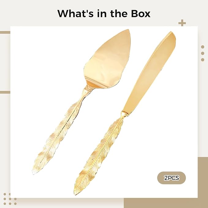 European Style Gold Cake Knife Server Set, Feather Handle, Wedding Cake Cutting Set, Polished Silver