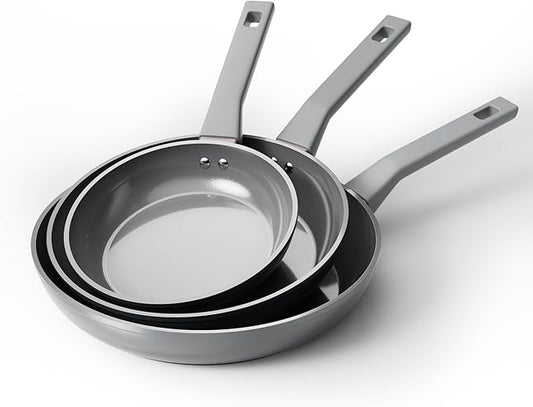 Sanho Diamond-Titanium Ceramic Frying Pan Set (8+10+12 Inch), Non Stick Frying Pan Set PFAS PFOA PTFE Free, Dishwasher Safe & Induction Compatible Cookware Set with Cool Bakelite Handle, Gray