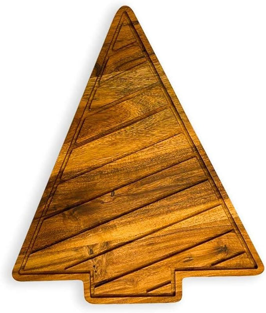 Treen Art Wooden Christmas Cutting Board for Kitchen Decor, 12.5"L x 10"W Tree Shaped Acacia Wood Chopping Board with Handle & Slicey Grooves, Serving Charcuterie Platter