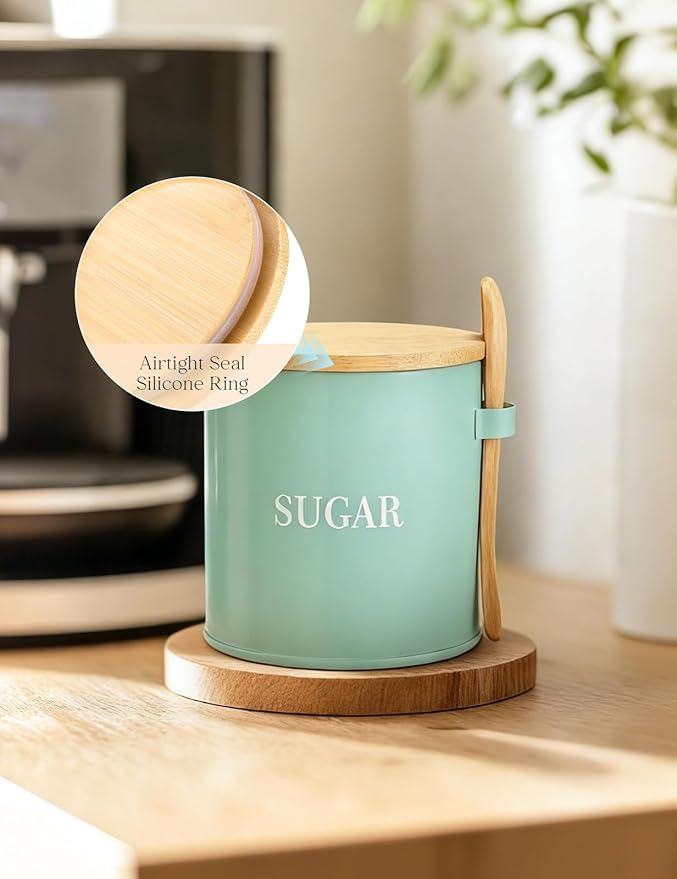 AISBUGUR Sugar Bowl with Lid and Spoon: 17oz Metal Sugar Container - Airtight Food Sugar Jar - Coffee Bar Accessories - Countertop Kitchen Decor (Green)