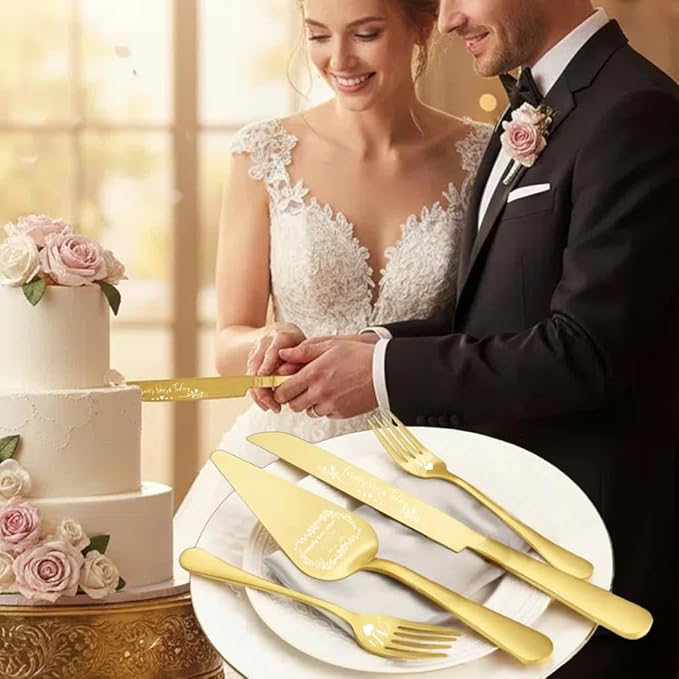 4 Pieces Wedding Cake Cutting Set Knife and Forks Set Wedding Cake Knife and Server Set Sliver Forks Engraved Mr. and Mrs.for Engagements, Anniversaries, Bride and Groom (Gold MR&MRS)
