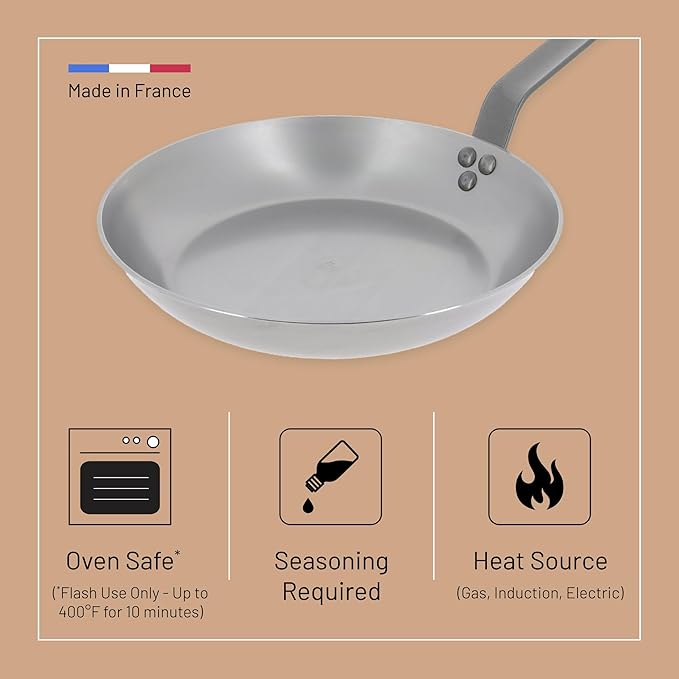 de Buyer MINERAL B Carbon Steel Omelette Pan - 8” Diameter, 6.9” Cooking Surface - Naturally Non-Stick Finish - Made in France