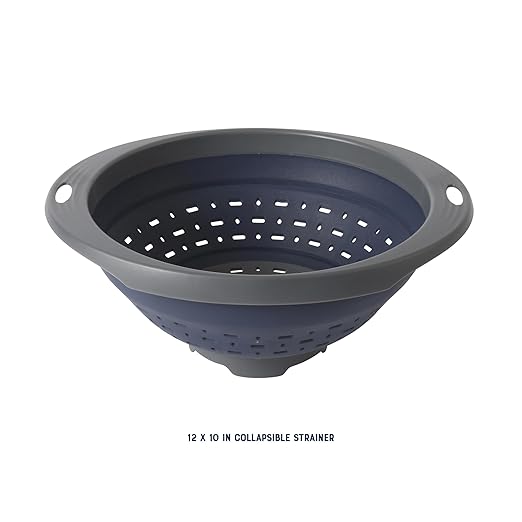 Oster Bluemarine 10-Inch Foldable Strainer – Collapsible Colander for Pasta, Vegetables, Fruits, Space-Saving Kitchen Tool, Blue/Grey Dishwasher Safe