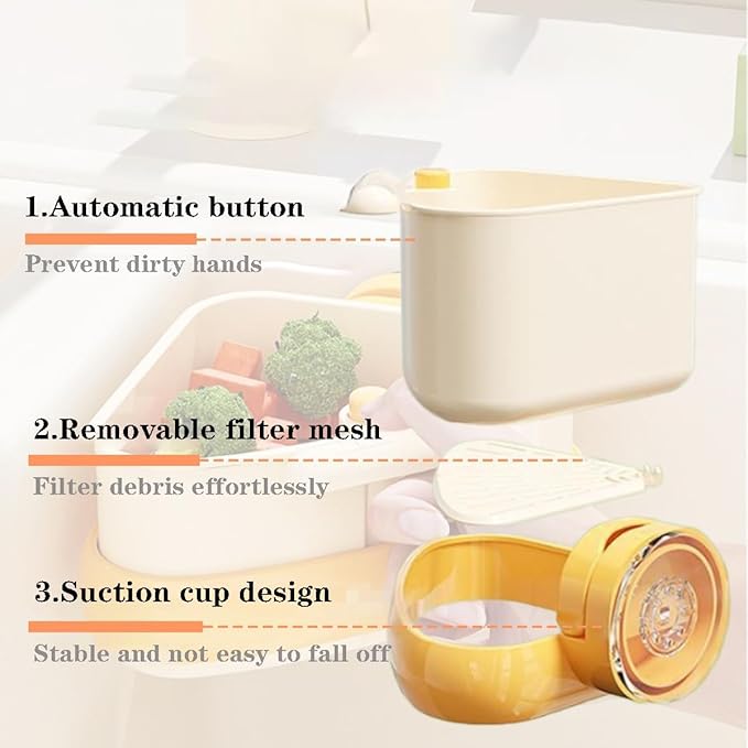 Suction Cup Sink Corner Rack,Sponge Storage Rack,Automatic Dumping Sink Strainer Basket,Suction Cup Basket,Food Drainer,Suitable for Kitchen Sinks, Dining Tables, and Kitchen,Islands,Bathroom (Yellow)