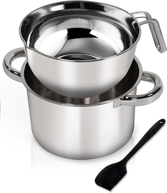 Double Boiler Pot Set,1250ML/1.1QT Mixing Bowl for Chocolate Melting, 2200ML/ 2QT 304 Stainless Steel Pot With Silicone Spatula for Melting Chocolate, Candy, Candle, Soap, Wax