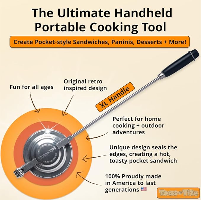 Sandwich Grill XL, Handheld Panini Press & Sandwich Maker, Cast Aluminum Pie Iron, Portable Hot Pocket & Dessert Cooker, Ideal for Camping, RV, Stovetop, Grill, Campfire, Outdoor Cooking