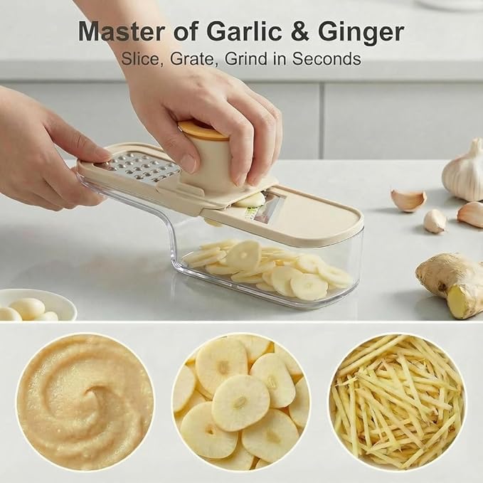 2Pcs 3 in 1 Mini Garlic Grinder, 2026 New Multifunctional Garlic Grater Ginger Vegetable Chopper, Handheld Kitchen Gadget with Container & Safety Guard for Picnic Camping Cooking