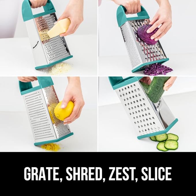 GORILLA GRIP 4-Sided Stainless Steel Cheese Grater With Container, 100% BPA-Free Box Grater, Slip Resistant Base and Handle, Grate Parmesan, Hard Cheeses, Shred Veggies, Dishwasher Safe, Turquoise