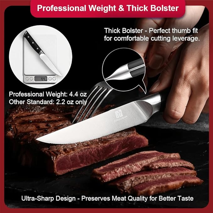 Steak Knives,4.5 Inch Steak Knives Set of 6, Micro-Cutting Point Serrated Edge, Very Sharp Steak Knife, Dishwasher Safe, 50CR15MOV Stainless Steel, Handle Ergonomic And Full Tang Design With Gift Box