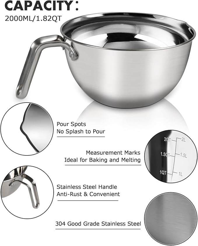 Marsheepy Double Boiler Pot Set,2000ML/1.8QT Mixing Bowl for Chocolate Melting, 2800ML/ 2.54QT 304 Stainless Steel Pot With Silicone Spatula for Melting Chocolate, Candy, Candle, Soap, Wax