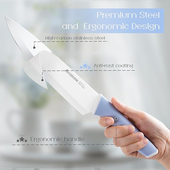 Astercook Kitchen Knife Set with Block and Sharpener 15 Piece Ceramic Coating German High Carbon Stainless Steel Knives Sharp Blade Dishwasher Safe Deba Knives with Ergonomic Handle, Delicate Blue