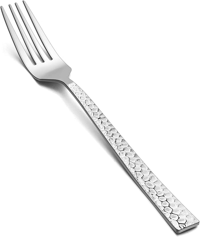 E-far 6-piece Hammered Dinner Forks Set, 7.9 Inch Stainless Steel Forks for Home, Kitchen or Restaurant, Non-toxic & Mirror Polished, Squared Edge & Dishwasher Safe