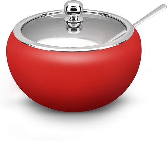 KooK Stainless Steel Sugar Bowl with Lid and Spoon, Serving Dish, Clear Glass Lid, Storage for Salt, Candy, Coffee, Holds 2 Cups, Dishwasher Safe, 16 oz Matte Rose