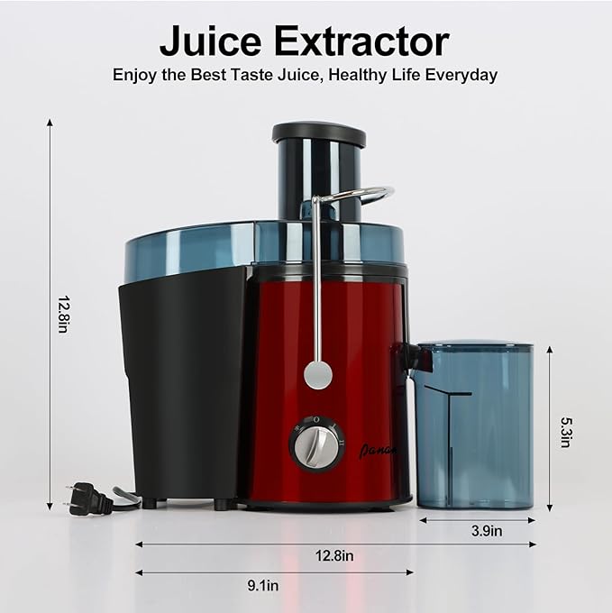 Panana Centrifugal Juicer Extractor with Wide Mouth 3” Feed Chute for Fruit Vegetable, Easy to Clean, Stainless Steel, BPA-free (Red)
