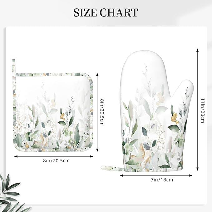 Eucalyptus Sage Silicone Oven Mitts and Pot Holders Sets Watercolor Botanic Kitchen Mitts Leaf and Buds Leaves Potholder Kitchen Accessories for Cooking Baking BBQ