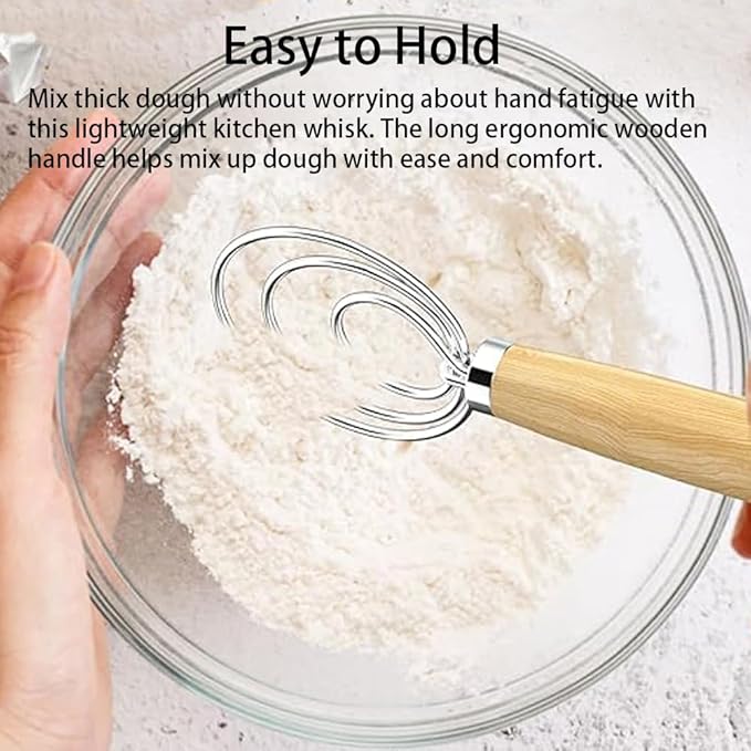 Danish Dough Whisk Set, 2 Pcs 13-Inch Stainless Steel Hook Dutch Hand Mixer with Wooden Handle, Kitchen Tools For Cooking, Sourdough Baking