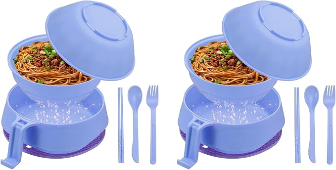uxcell 2 Sets Microwave Ramen Bowl Set, Wheat Fiber Noodle Bowls Plastic Cooker with Lid Handle Fork Spoon Chopsticks for College Dorm Room Apartment, (Purple)