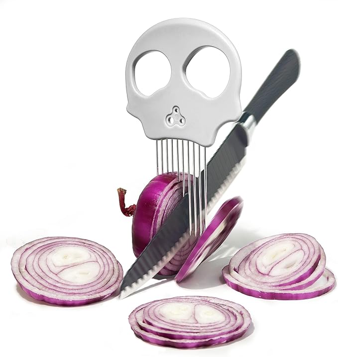 Stainless Steel Onion Cutter & Egg Slicer – Multi-Function Vegetable Cutter and Herb Stripper for Avocados, Tomatoes, and Potatoes (White)