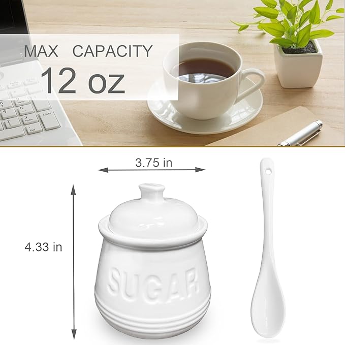 Sugar Bowl with Lid and Spoon, Ceramic Sugar Containers for Countertop, Sugar Dish Jar Coffee Bar Accessories, Covered Sugar Holder for Kitchen 12oz, White