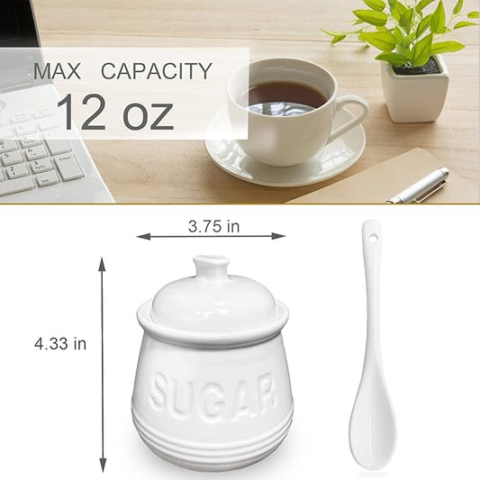 Sugar Bowl with Lid and Spoon, Ceramic Sugar Containers for Countertop, Sugar Dish Jar Coffee Bar Accessories, Covered Sugar Holder for Kitchen 12oz, White
