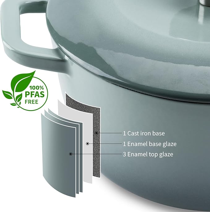WOKINS Enamel Cast Iron Dutch Oven with Lid,Dual Handles,Heavy-Duty Cookware for Sourdough Bread Baking,Braising,Stews,Roasting,Oven Safe up to 500° F,5.5QT,green