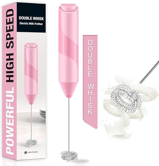 Double Whisk Milk Frother, Handheld Electric Blender stick, Drink Mixer with Food Grade Stainless Steel Stirrer, Battery Operated Foam Maker for Coffee, Cappuccino, Matcha,Hot Chocolate Latte, in Pink