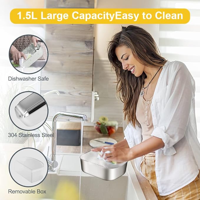 [ 2025 Upgrade]Electric Lunch Box 1.5L Food Heater, Portable 60W Food Warmer for Car and Home, with Detachable 304 Stainless Steel Container Fork and Spoon
