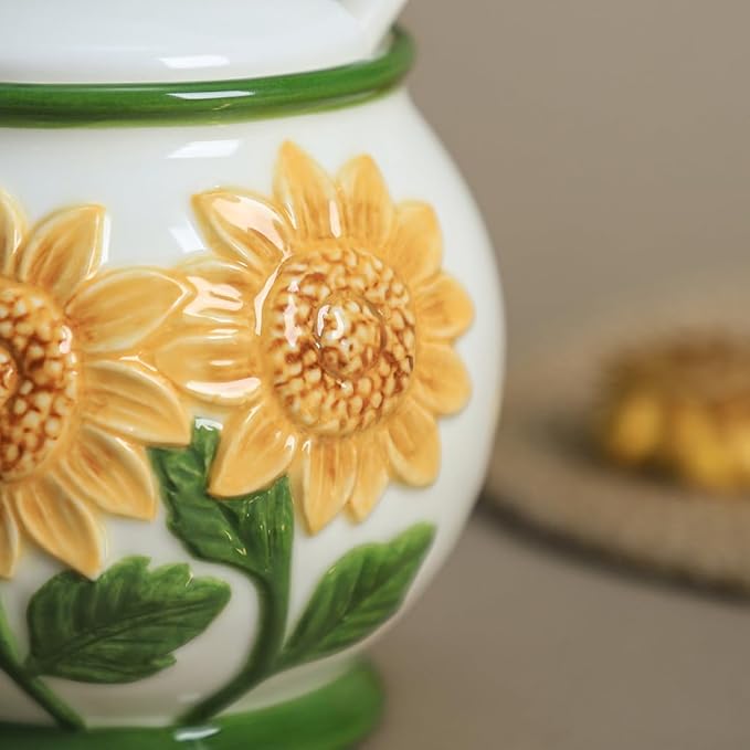 WAIT FLY Embossed Sunflower and Bee Ceramic Sugar Bowl with Lid and Spoon, Sugar Container, Sugar Jar for Kitchen Countertop, Coffee Bar-A