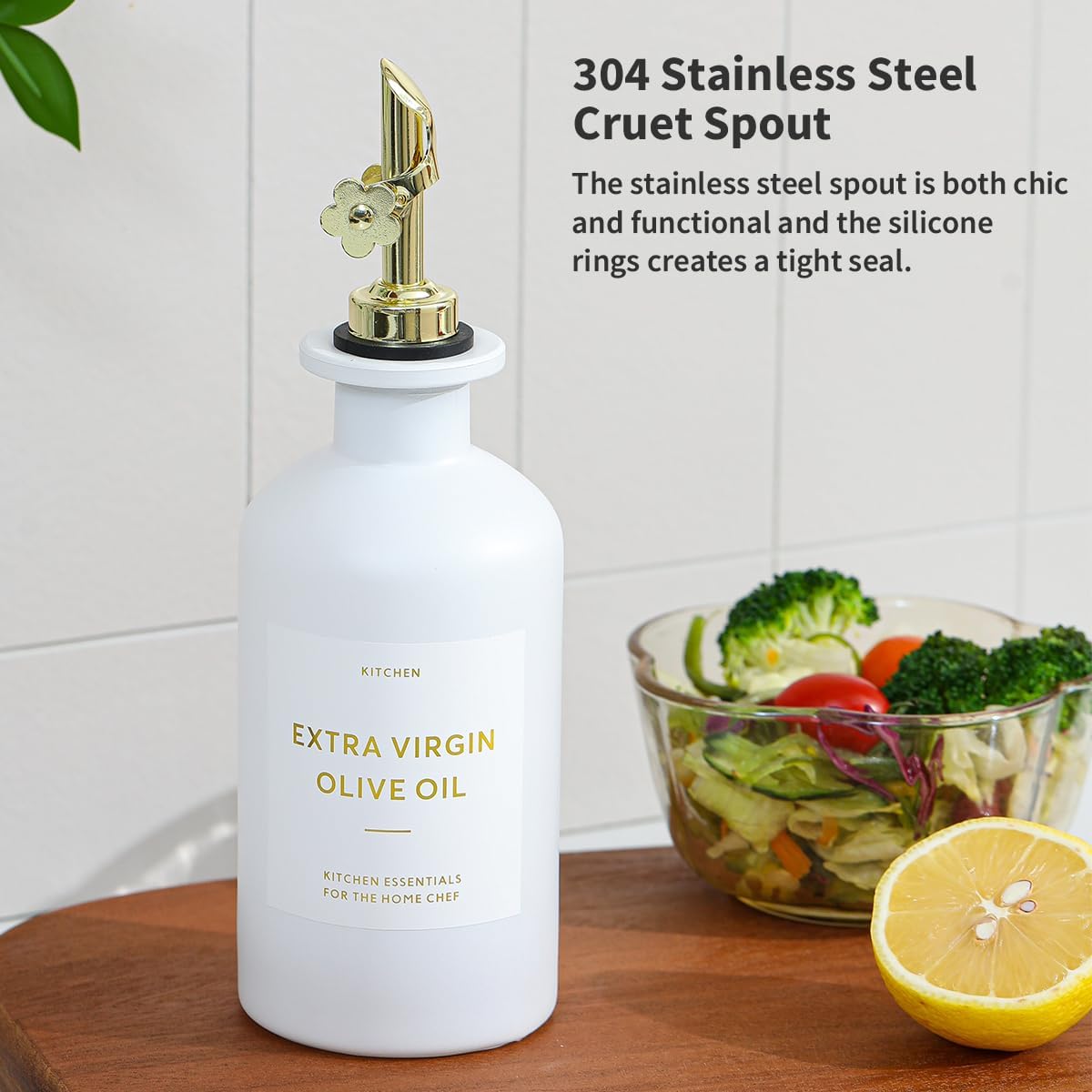 HOMCDALY Olive Oil Dispenser for Kitchen, 11.8oz Glass kitchen Dispenser Bottle, Gold Oil&Vinegar Cruet Set, Leakproof Oil Containers for Cooking| Set of 2 (11.8oz – Gold)