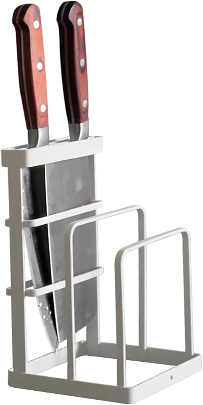 VANRA Metal Knife Block Without Knives, Multifunctional Knife Holder with 2 Layers Cutting Board Rack Dish Rack, Kitchen Storage Organizer,White