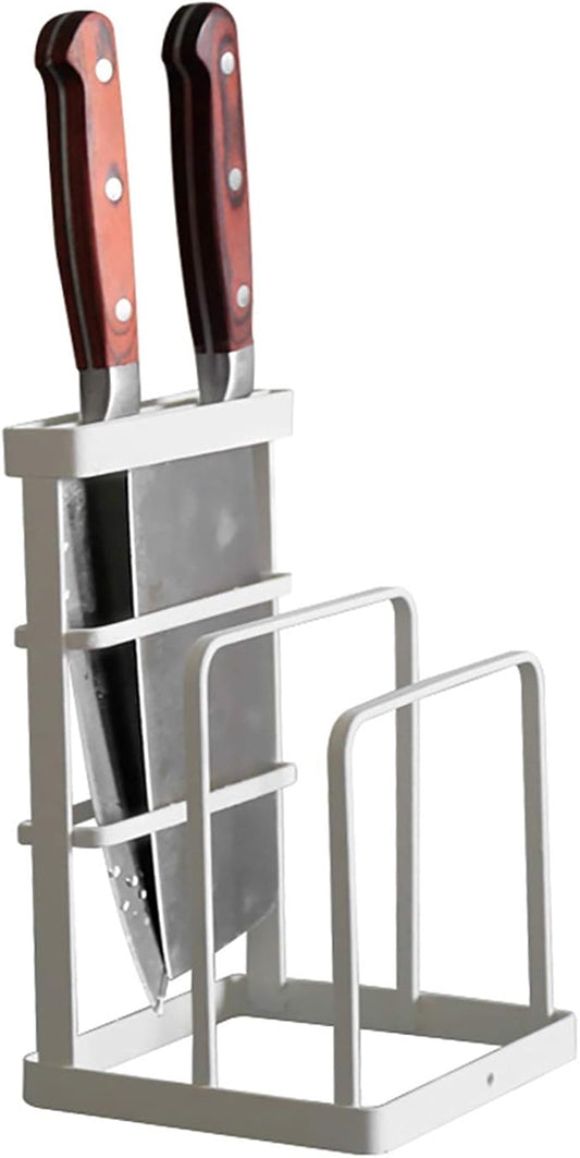 VANRA Metal Knife Block Without Knives, Multifunctional Knife Holder with 2 Layers Cutting Board Rack Dish Rack, Kitchen Storage Organizer,White