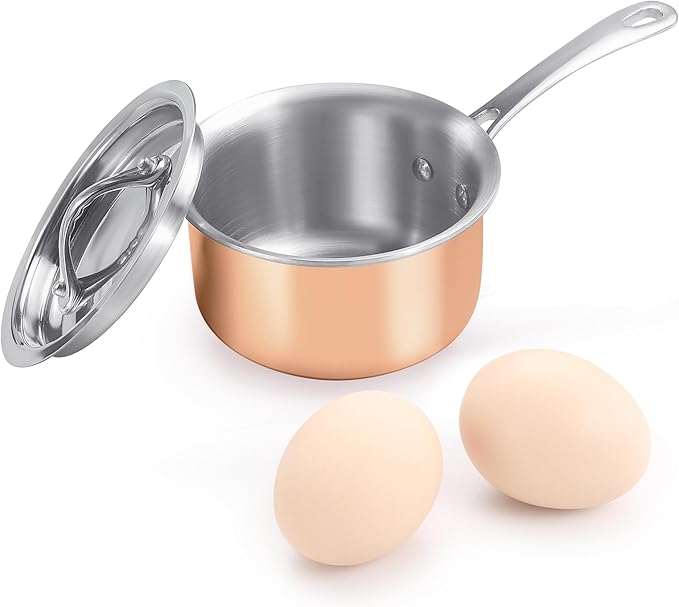 KC-Emier Mini Sauce Pan with Lid, Tri-Ply Stainless Steel Pot with Stay-Cool Handle & All Cooktop Compatibility (Gas, Ceramic, Electric) - Copper