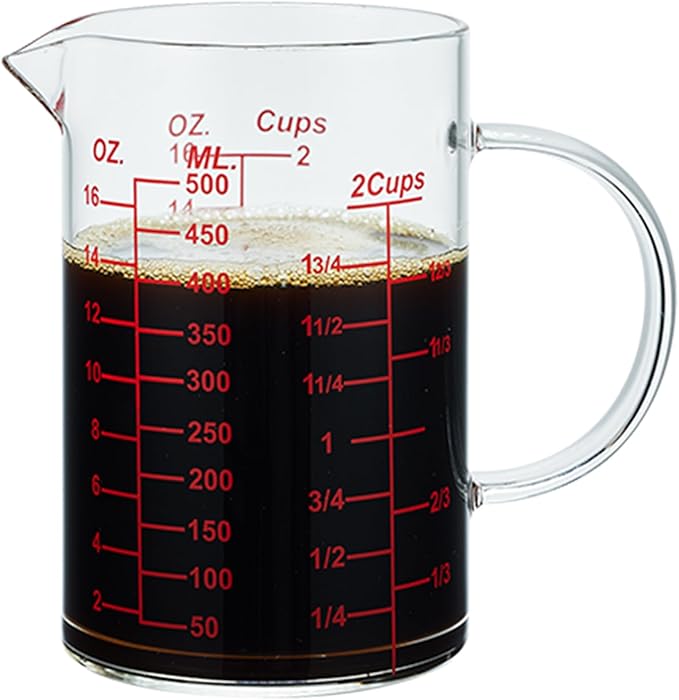 Ackers Mirror Scale Glass Measuring Cup-[Insulated handle | V-Shaped Spout]-Made of High Borosilicate Glass Measuring Cup for Kitchen or Restaurant, Easy to Read, 500 ML (16 Oz, 2 Cup)