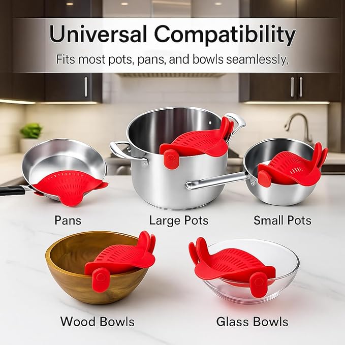 Clip on Strainer Silicone for All Pots and Pans, Colander, Pot Strainer for Pasta, Meat, Vegetables, Space Saving Design, Food-Safe with Collapsible Funnel, Garlic Peeler, 3 Pack (Red)