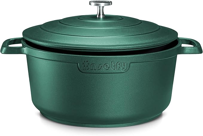 INSETFY Large Dutch Oven Pot with Lid-7.5QT Cast Aluminum Oven Pot with Two Handles Lightweight for Bread Baking Braising and Roasting(Green)