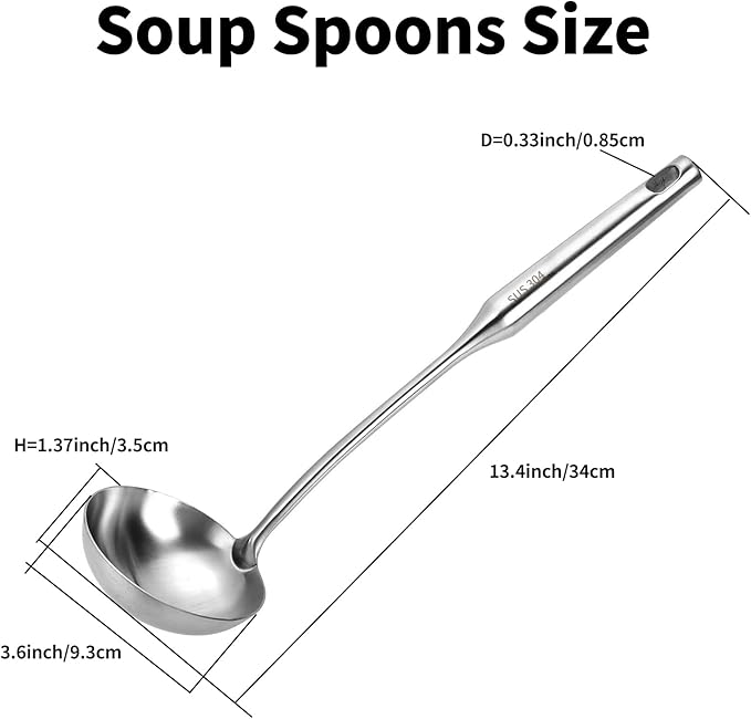 TBWHL Metal Soup Ladle 13.4" 304 Stainless Steel with Long Handle - Professional Kitchen Ladle with Ergonomic Handle & Perfect Balance for Gravy, Sauce & Broth