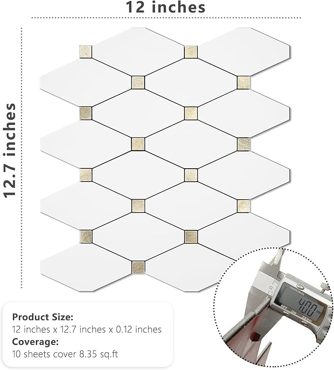 STICKGOO 10 Sheets Peel and Stick Backsplash, Pure White Marble Look PVC Mixed Metal Gold Kitchen Backsplash, Stick on Backsplash Wall Tiles for Kitchen, Bathroom, RV