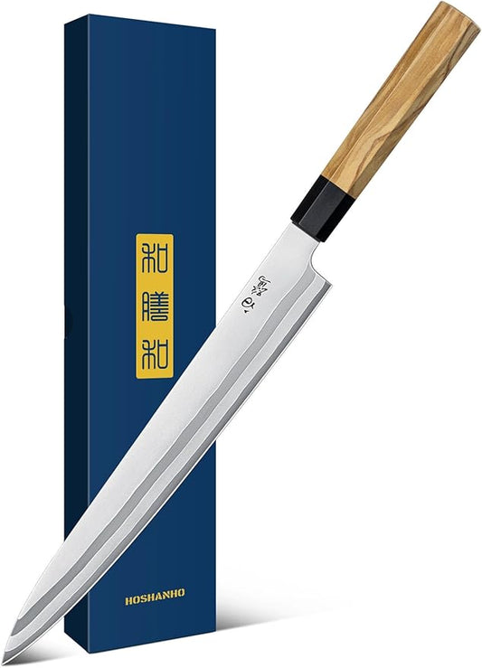 HOSHANHO Sushi Knife 10 Inch, Japanese High Carbon Steel Sashimi Knife, Ultra Sharp Yanagiba Knives, Kitchen Knives for Fish Filleting with Olive Wood Handle