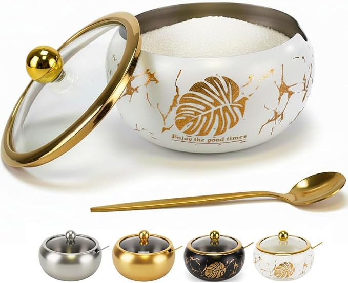 15OZ Sugar Bowl with Glass Lid and Spoon, Sugar Container of Coffee Bar Accessories, Stainless Steel Jar for Salt, Tea, Brown Sugar Cube, Dishwasher Safe, Kitchen Decor Countertop Storage, White