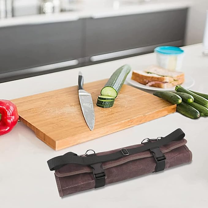 Chef’s Knife Roll Bag,Waxed Canvas Knife Cultery Carrier, Portable Chef Knife Cases,Knife Pouch Holders With 10 Slots Plus 1 Zipper Pockets Can Hold Home Kitchen Knife Tools Up To 18.8”