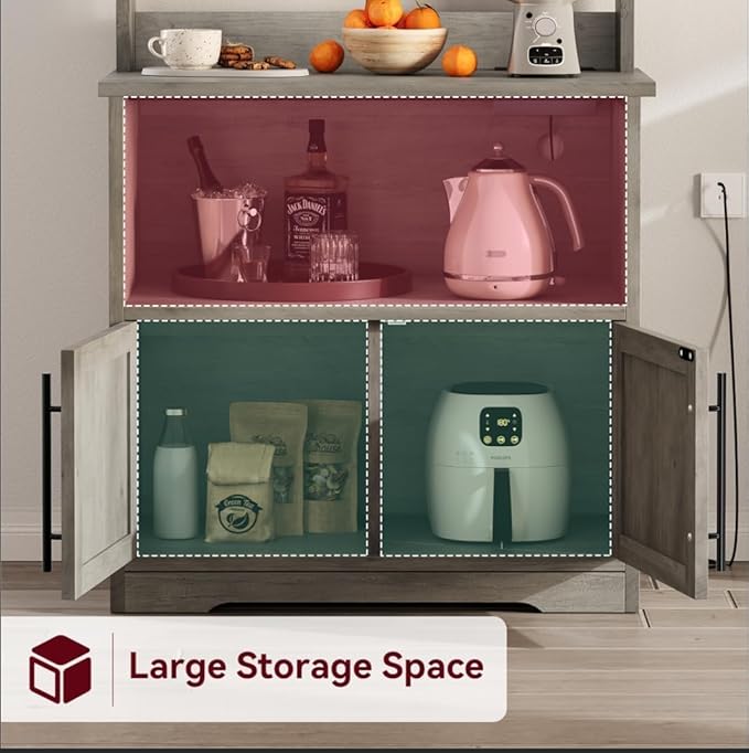 GAOMON Farmhouse Bakers Rack with Storage Cabinet and Charging Station, Kitchen Hutch with Thickened Tabletop, Power Outlets & USB Ports, Pantry Organizer Shelf for Kitchen and Dining Room, Gray