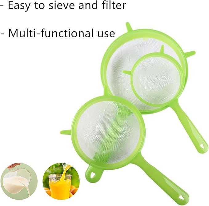 3 Packs Fine Mesh Strainers Plastic Colander Sieve Sifters Reusable Coffee Filter with Long Handle Kitchen Tools for Kitchen Rice Juice Quinoa Food Flour Baking, Green