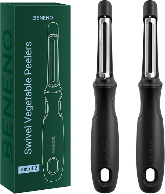 Beneno Swivel Vegetable Peeler, Razor-Sharp Smooth Peeling Potato Peelers with Stainless Steel Blades, Ergonomic Comfort Non-Slip Rubber Handle, Kitchen Peelers with Potato Eye Remover (2, Black)