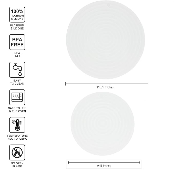 Silicone Trivets Mats for Pots and Pans, Heat Resistant Pot Holders, Flexible Hot Pads for Kitchen Table, Non Slip Mats, Dia11.81 and 9.45 Inches Big Round Microwave Mats Pack 3 White