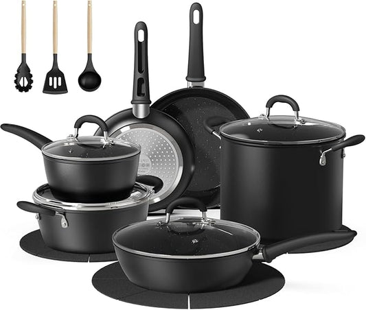 Bazova 18 Pcs Pots and Pans Set Non Stick with 12-Quart Stock Pot, Nonstick Kitchen Cookware Sets with Utensils, Large Capacity Ceramic Cookware Set, PTFE/PFAS/PFOA Free, Black