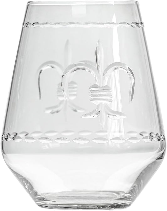 Rolf Glass Fleur De Lis Stemless Wine Tumbler 18 ounce - Stemless Wine Glasses - Lead-Free Glass - Etched Tumbler Glasses - Proudly Made in the USA (Set of 4)