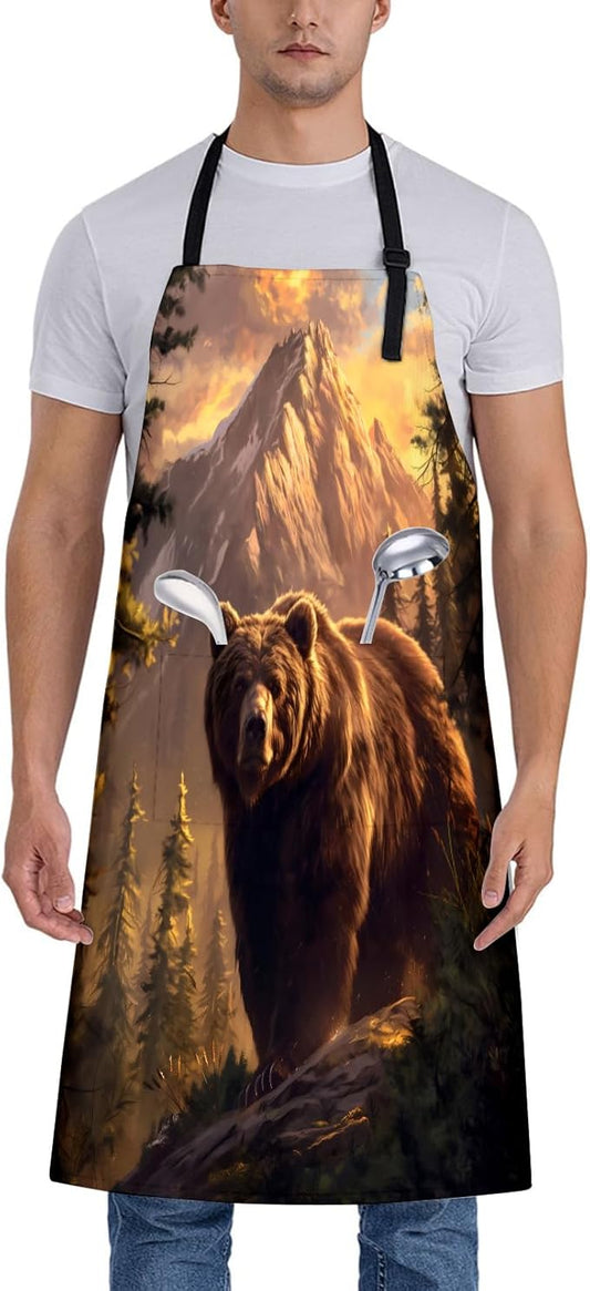 Wilderness Bear Apron for Women, 28x33in, Kitchen Chef Aprons with 2 Pockets, Polyester, Bear with Mountain Apron for Cooking BBQ Baking Gardening Chef, Gifts for Mom Wife Dad