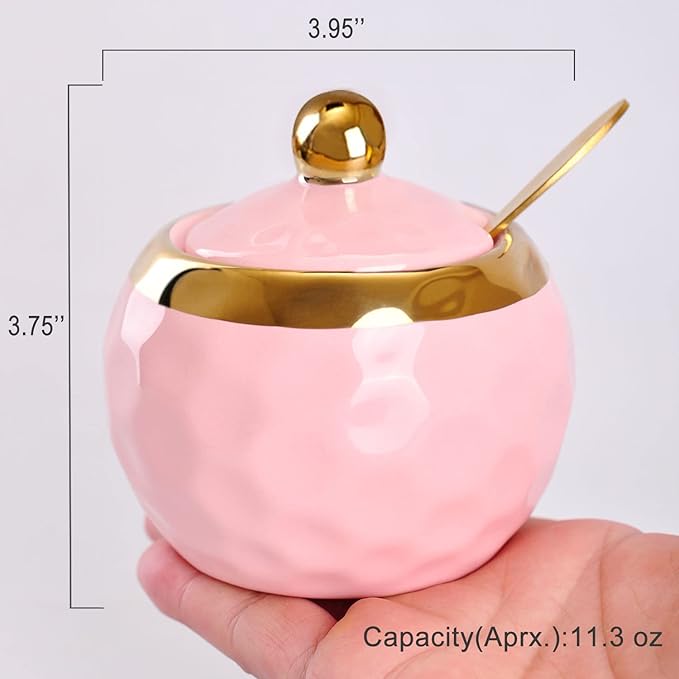 WHJY Ceramic Sugar Bowl with Lid and Spoon, Golf Design Porcelain Salt Bowl Salt Container, Modern Spice Box Seasoning Jar for Home and Kitchen Coffee Bar - Pink
